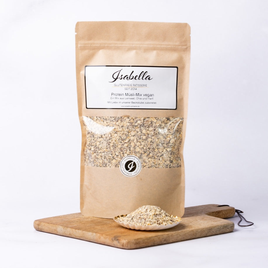 Protein Müsli-Mix vegan mit glutenfreien Haferflocken, Chiasamen, Leinsaat, Hanfsamen & Bio-Erbsenprotein – gesundes, sättigendes Frühstück.